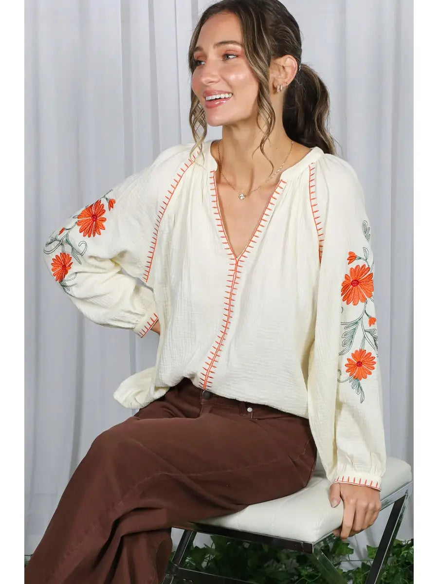 VT83014 Embroidered Gauze Blouse