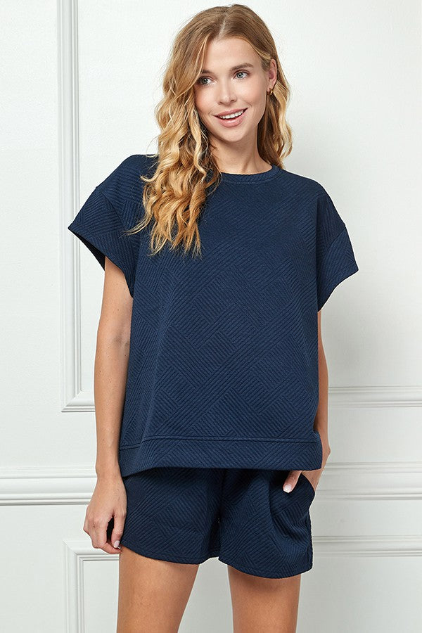 T3353 Textured SS Sweatshirt Top Navy