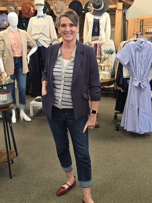 Shirred Slv Oxford Blue Blazer