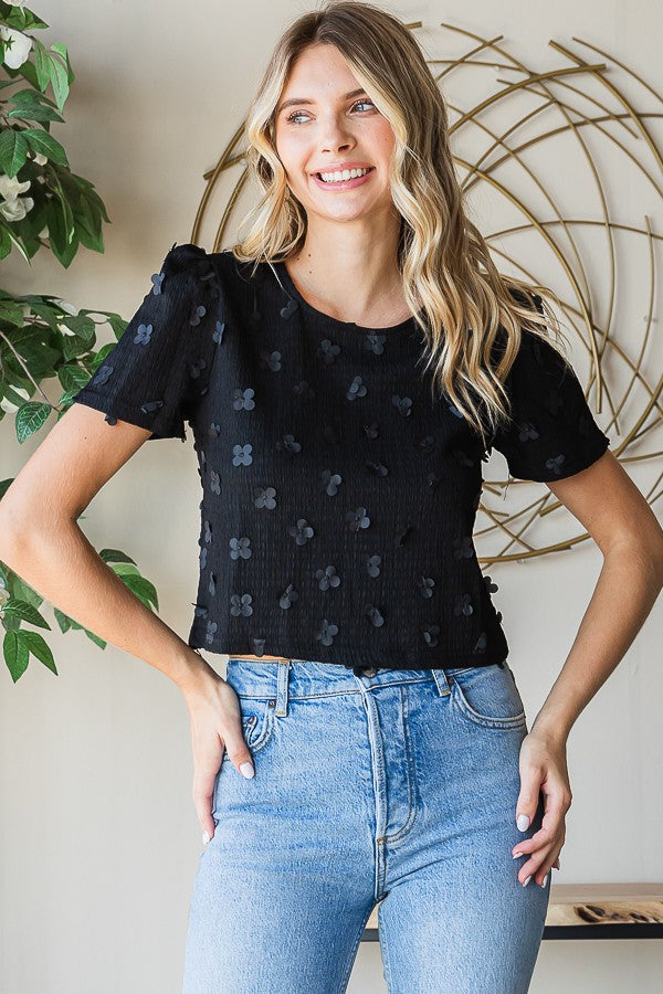 CMT176 Ribbed Floral Applique Puff Sleeve