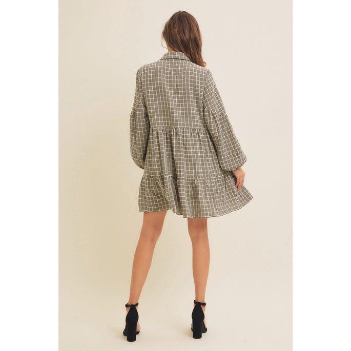 A1676D Plaid Button Down Tiered Dress