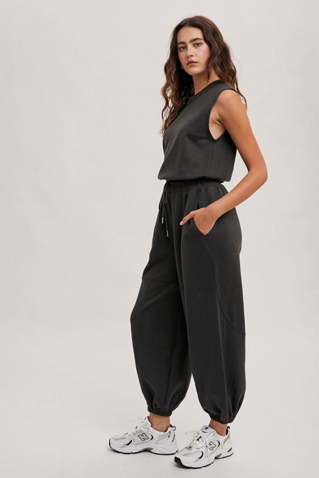 J02175 Drawstring Waist Knit Jumpsuit  Ash