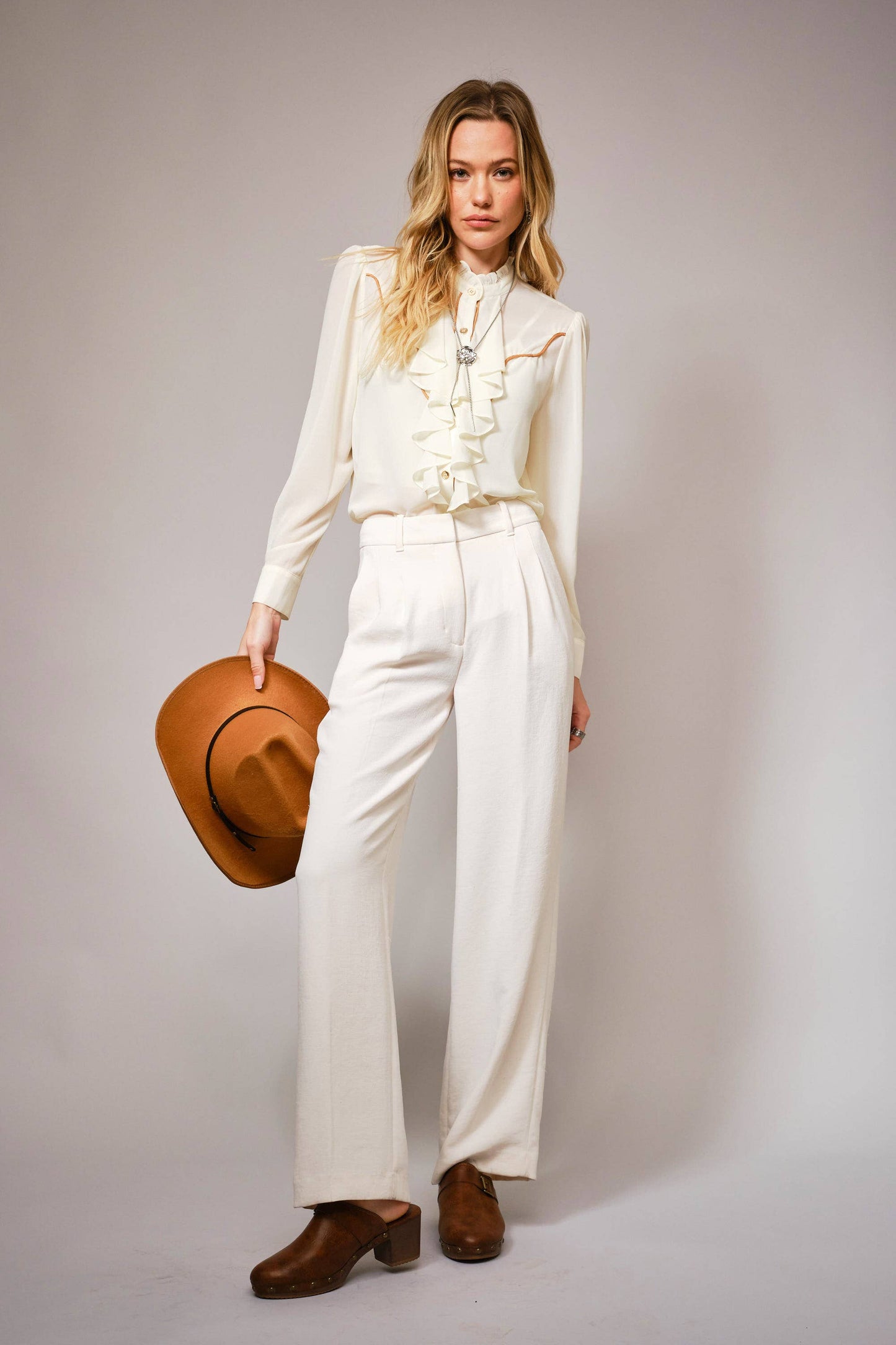 Chelsea Ruffle Front Button Up Blouse