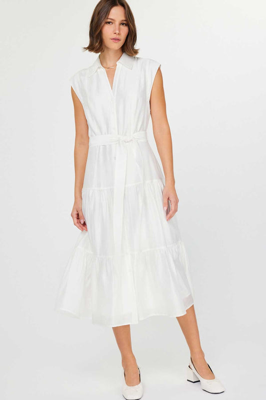 2490135 Collar Cap Button Tiered Midi Dress