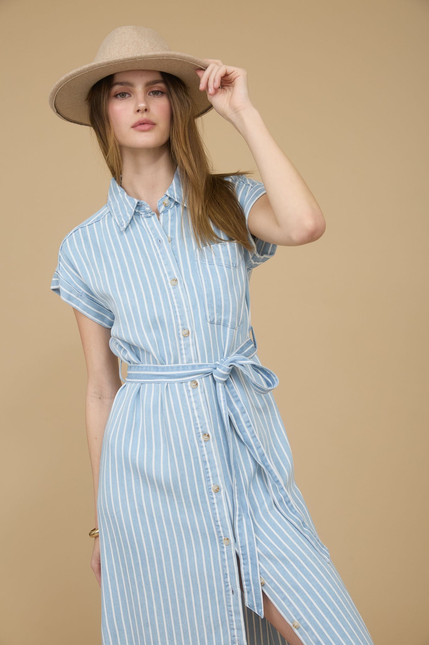 CR2551 Stripe Chambray Collared Tie Belt Strap Midi Dress