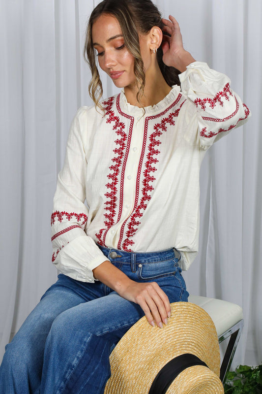 vt82882 Ruffle Button Down Embroidered Blouse