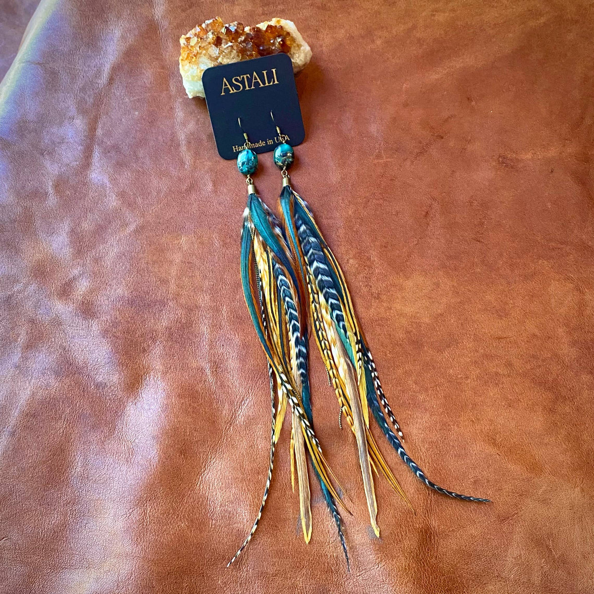 Turquoise & Long Feather Earrings - Cree Mix, Boho Western