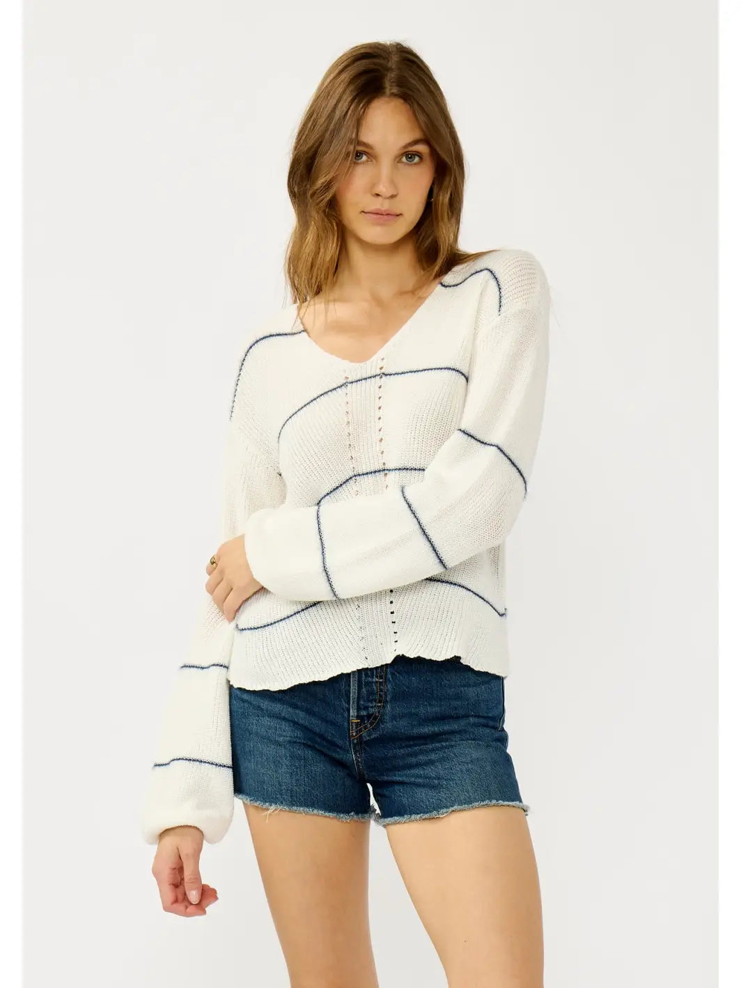 V neck Fuzzy Stripe Sweater Cream/Navy