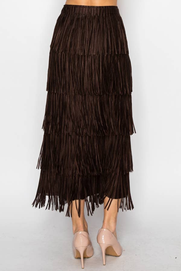 Layered Fringe Tiered Maxi Skirt - OLS-4794BROWN