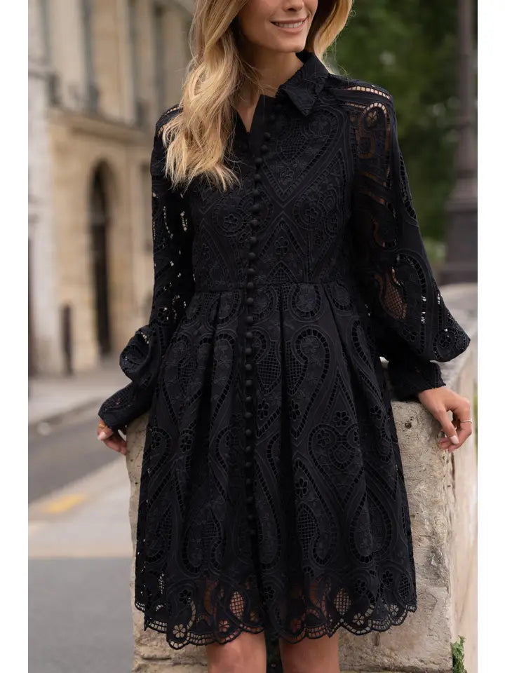 CH003 Embroidered Cotton Lace Dress Black