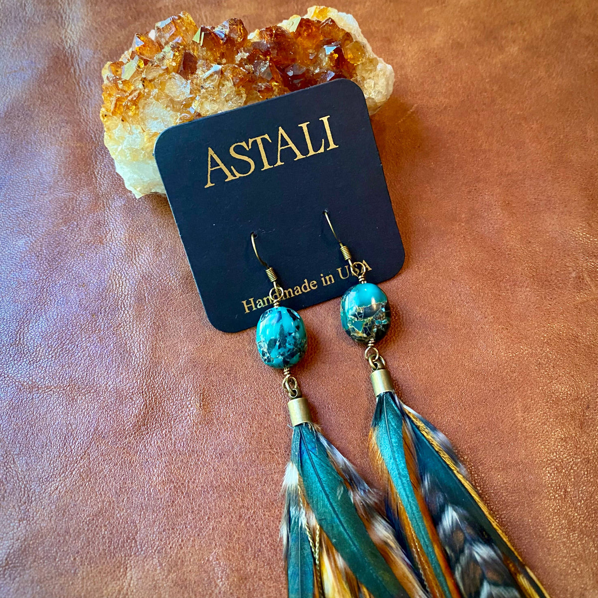 Turquoise & Long Feather Earrings - Cree Mix, Boho Western