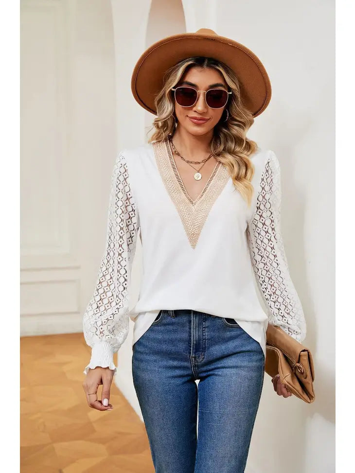 W20506680 Long Sleeve V Neck Blouse White