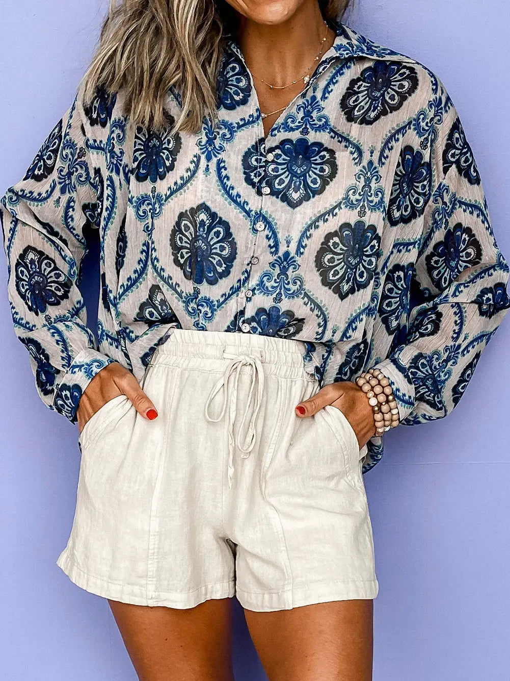 LC2555373 Blue Tribal Loose Front Shirt