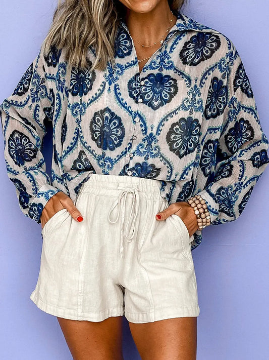 LC2555373 Blue Tribal Loose Front Shirt
