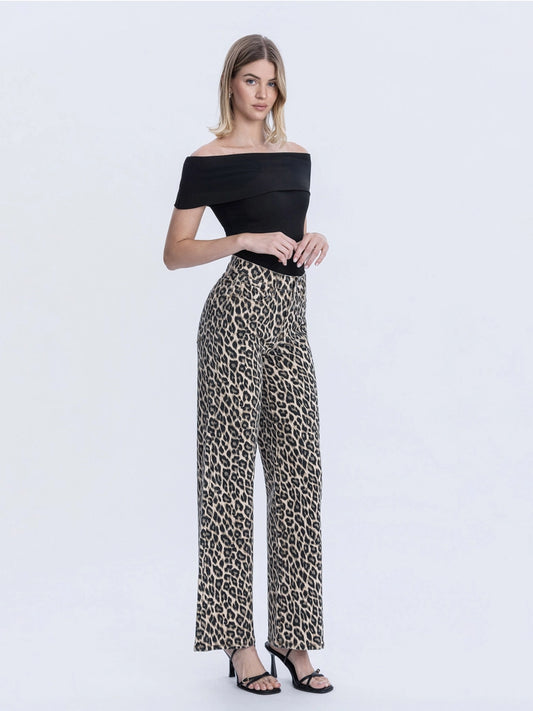 Super High Rise Leopard Print Wide Jeans