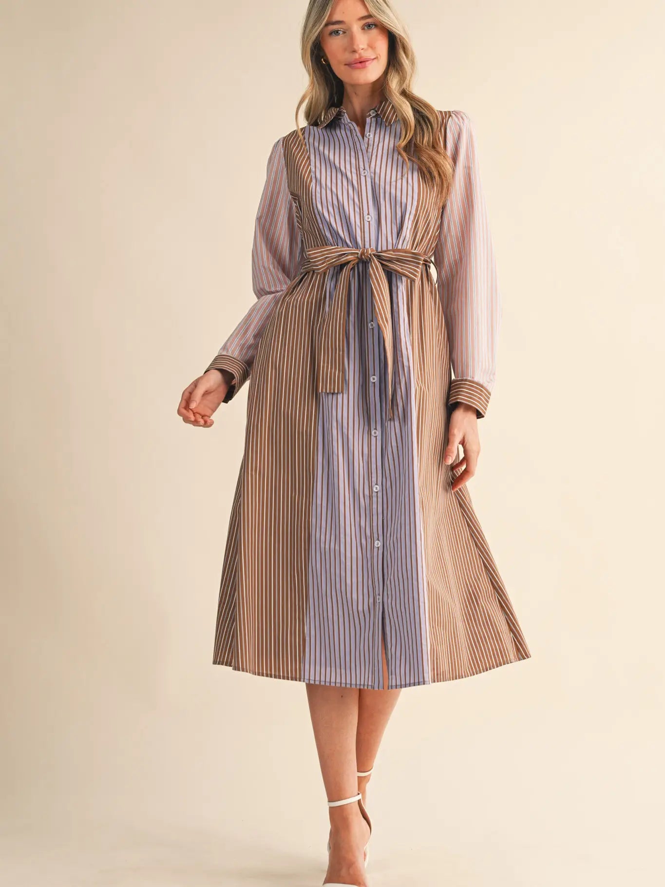 MDR4303 Stripe Belted Button Down Dress