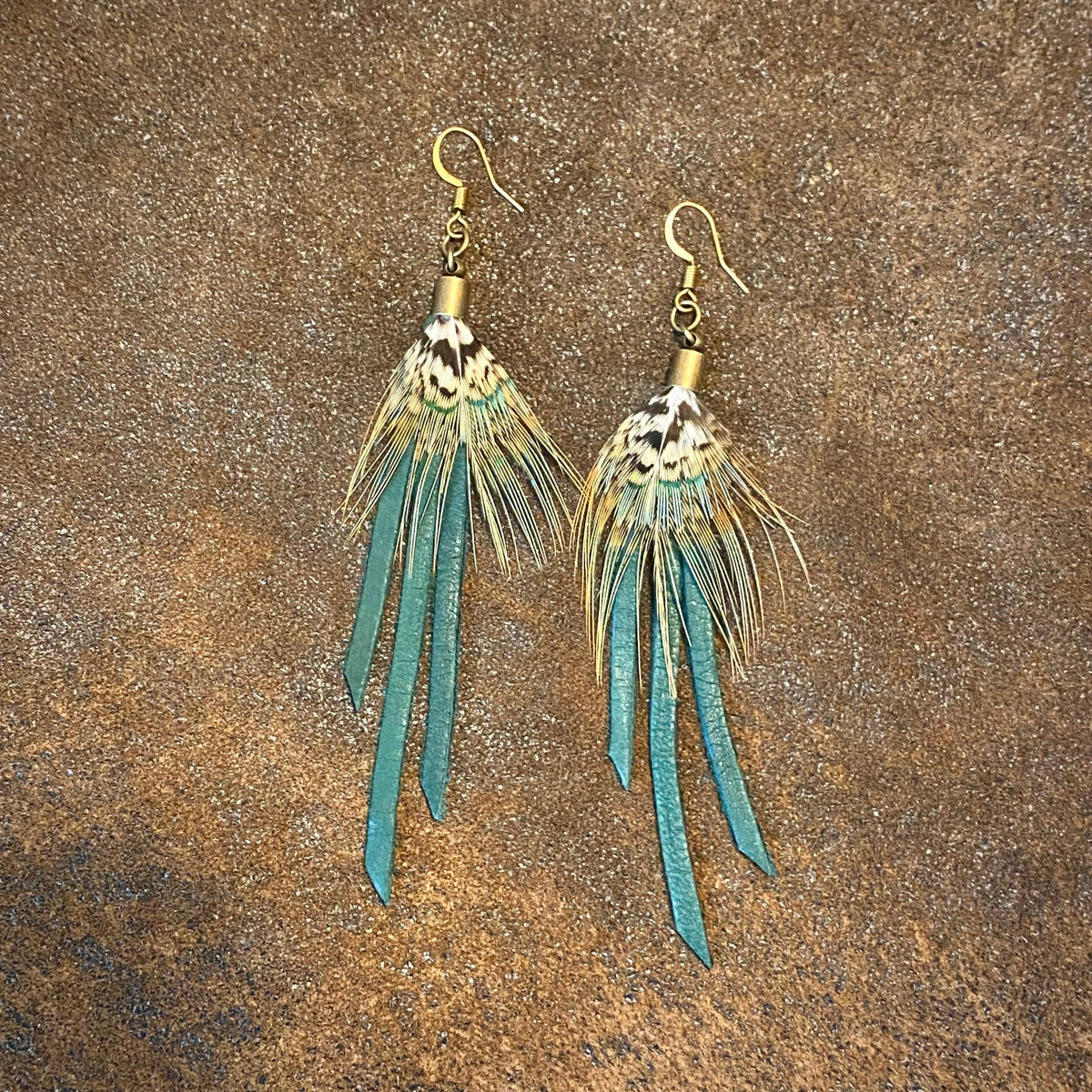 Feather Mini Earrings - Hunter Leather & Pheasant Feather