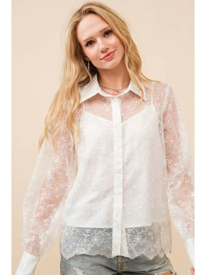 34903T Lace Sheer Metallic Blouse White