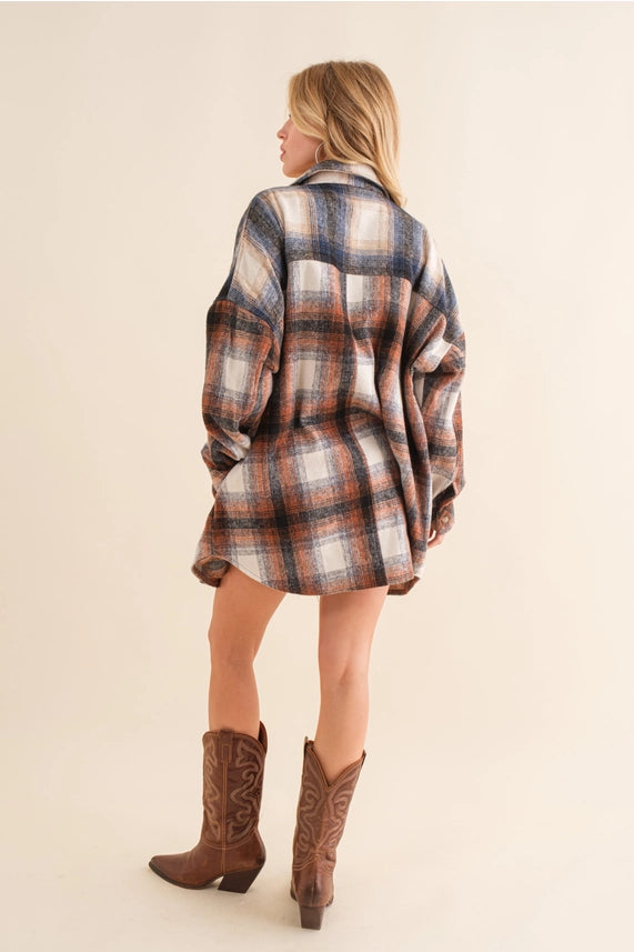 32725J Plaid Oversized Shirt Jacket Rust Grey