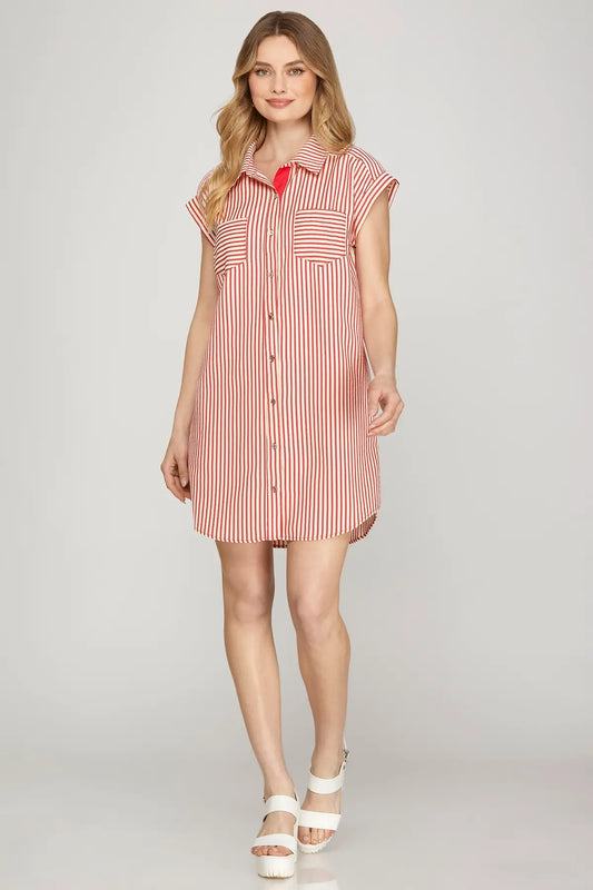 Short sleeve striped shirt dress