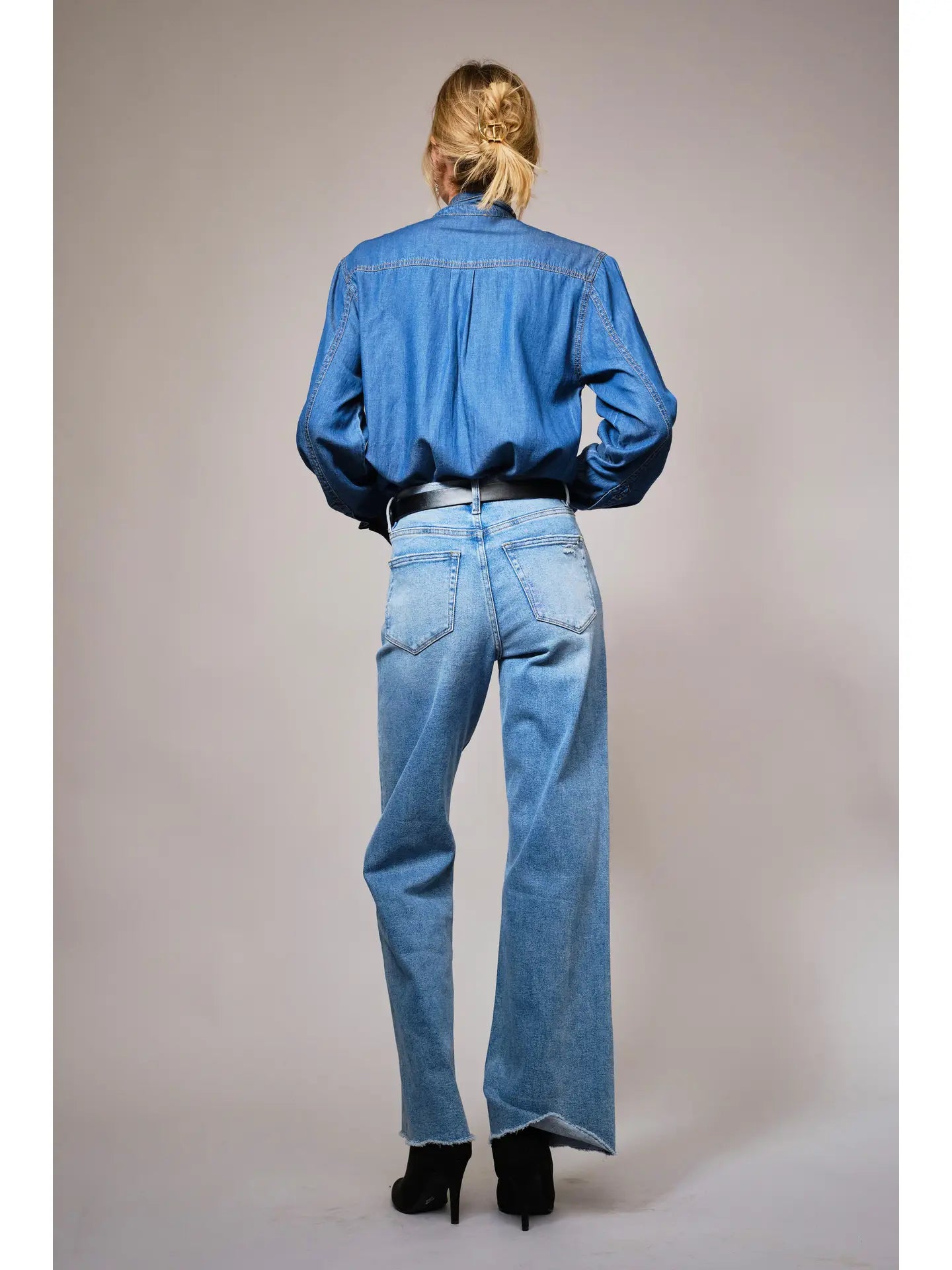 23612T Tie Neck Button Chambray Blouse