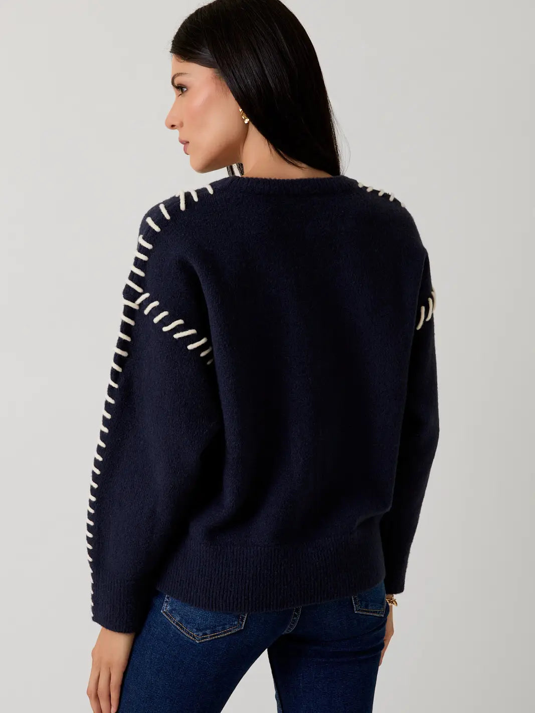 MWT20087 Crew Neck LS Stitch Detail Sweater Top Navy