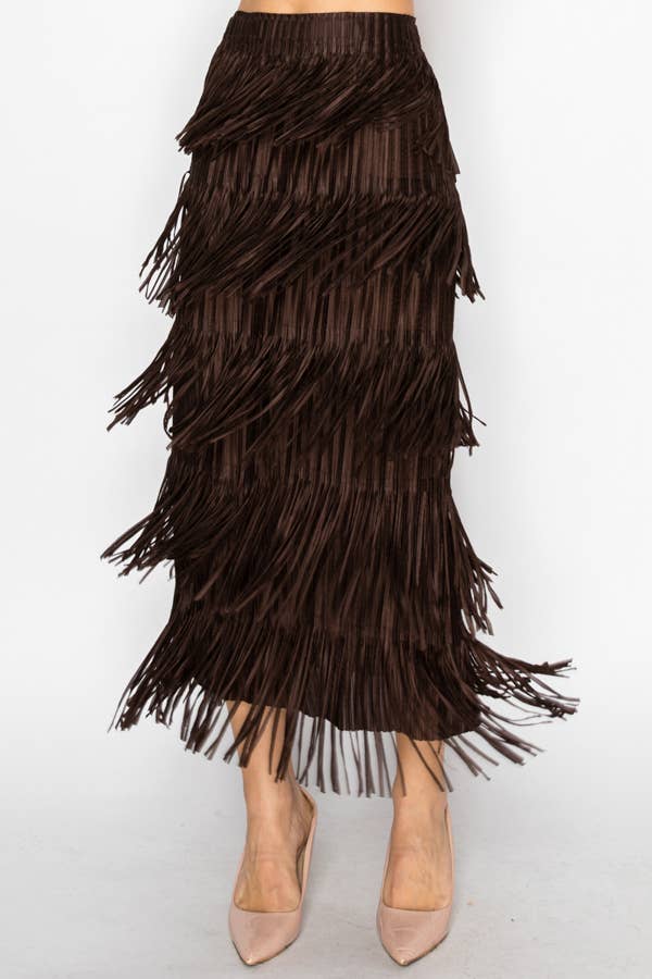 Layered Fringe Tiered Maxi Skirt - OLS-4794BROWN