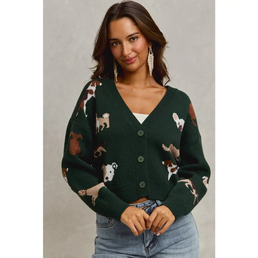 Dog Lovers Cardigan- Dk Green