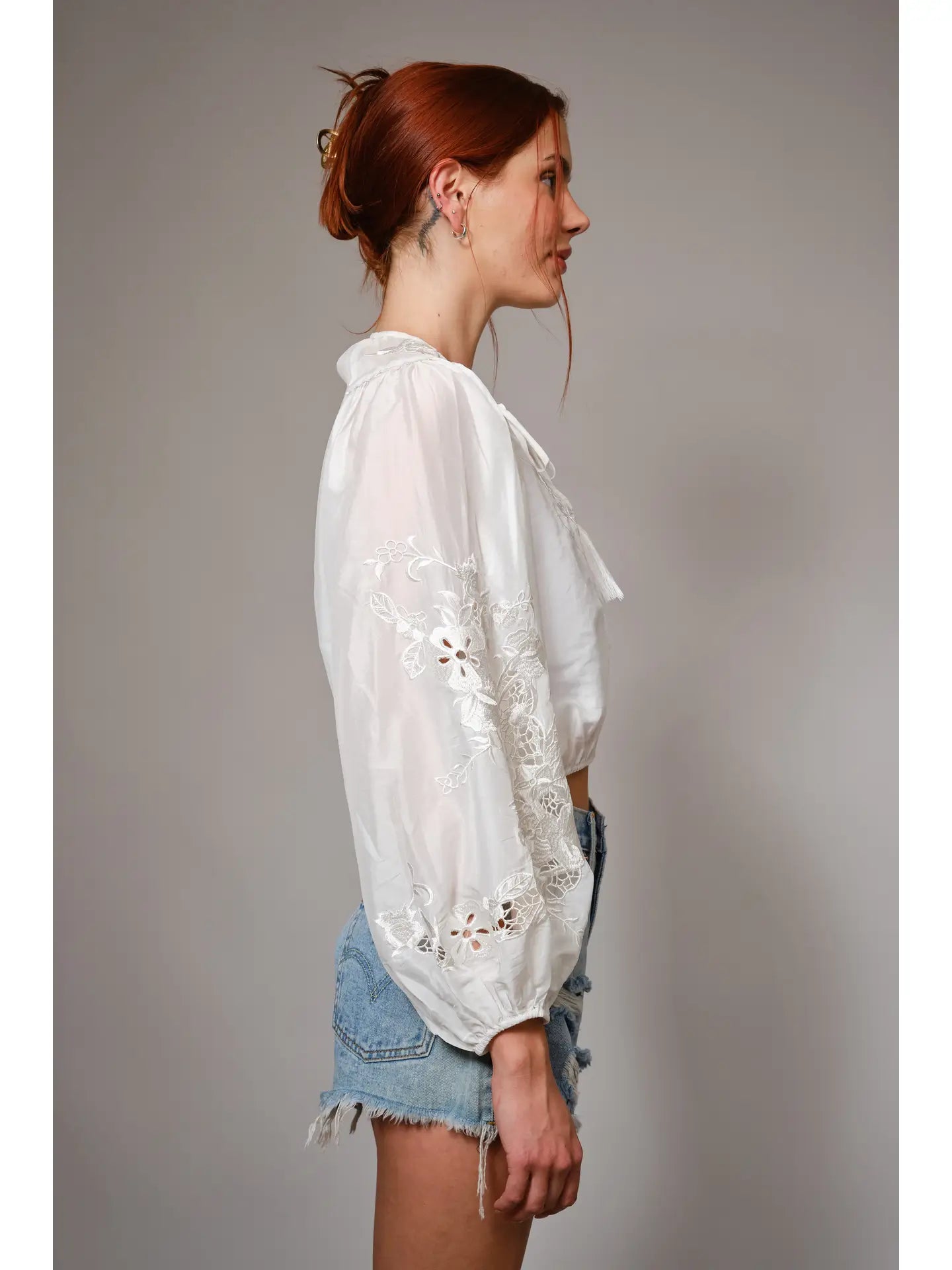 99469T LS Embroidered Cropped Blouse