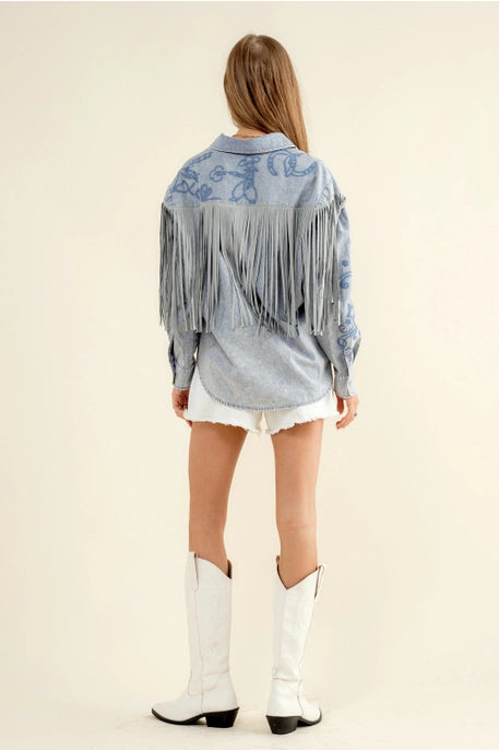 22625 Embroidered Fringe Button Up Blue