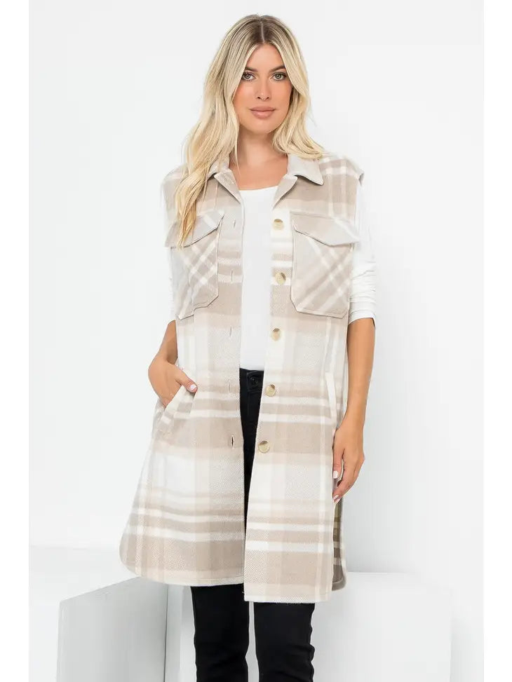 OT52919 Wool Plaid Print Ln Vest Taupe Buffalo