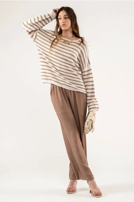 B3FT1049 Relaxed Stripe Knit Pullover Taupe