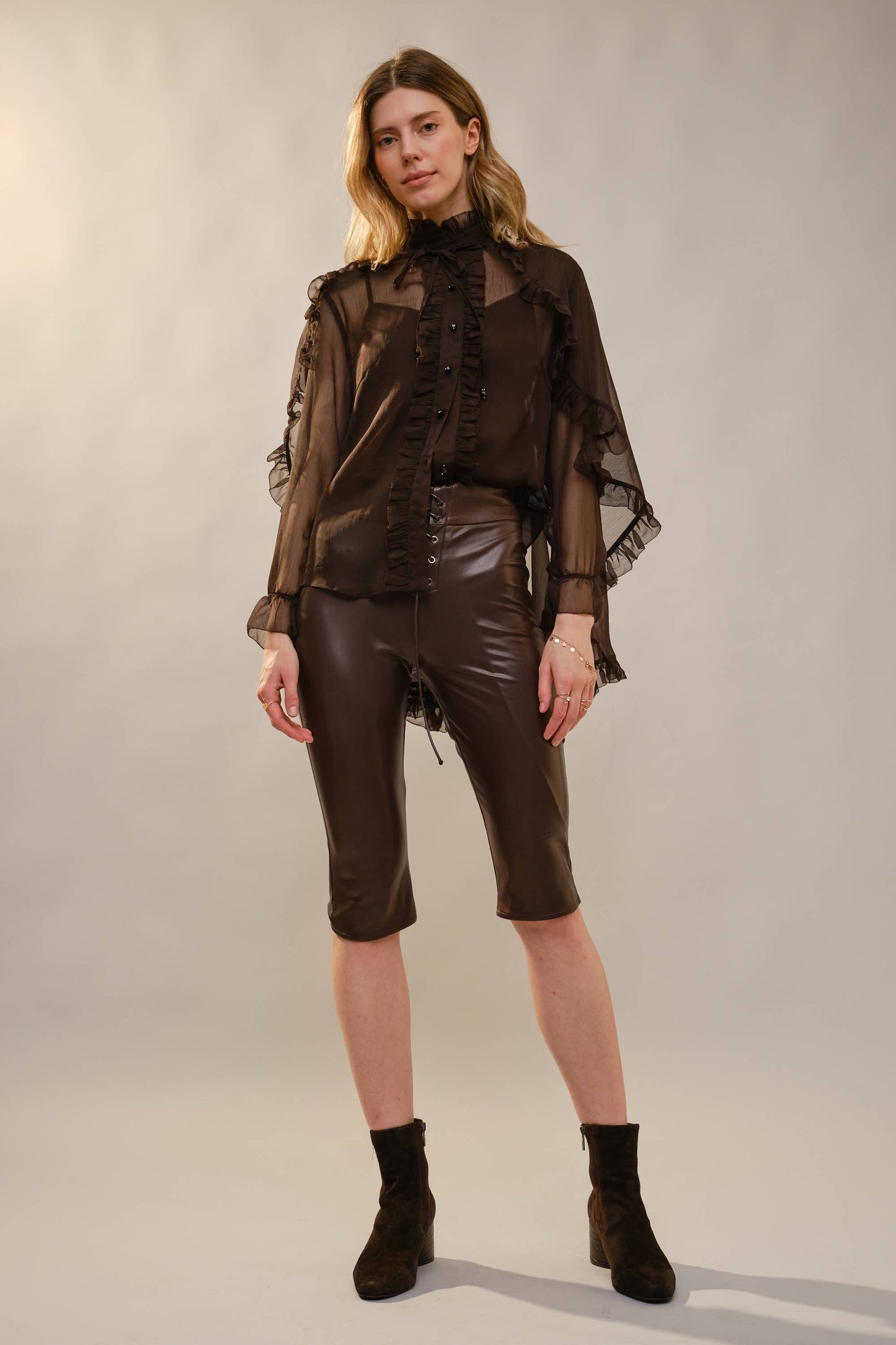 Mock Neck Ruffle Cape Blouse