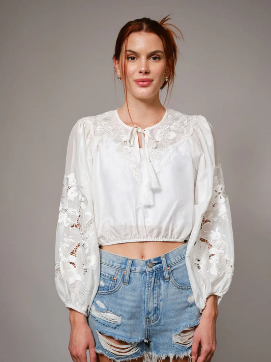 99469T LS Embroidered Cropped Blouse