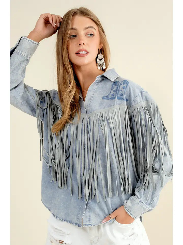 22625 Embroidered Fringe Button Up Blue