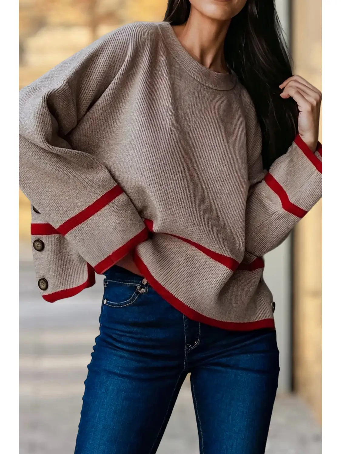 Ribbed Button-Side Loose Sweater
