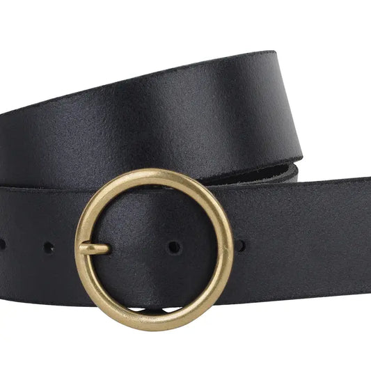 Wide Brass Toned Buckle Leather Black