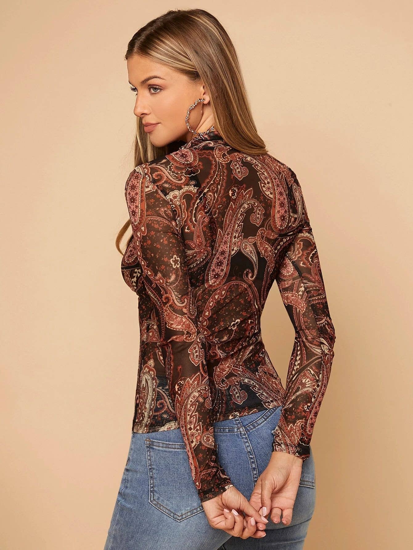 Paisley Print Mesh Top