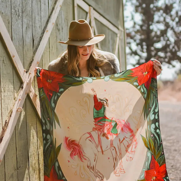 Cowboy Christmas Bronc Holiday 35x35 Silk Wild Rag