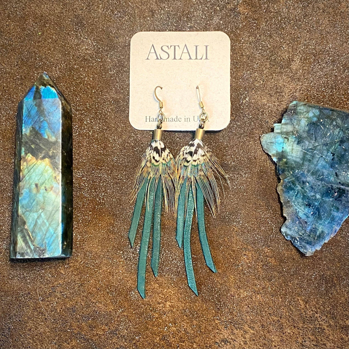 Feather Mini Earrings - Hunter Leather & Pheasant Feather