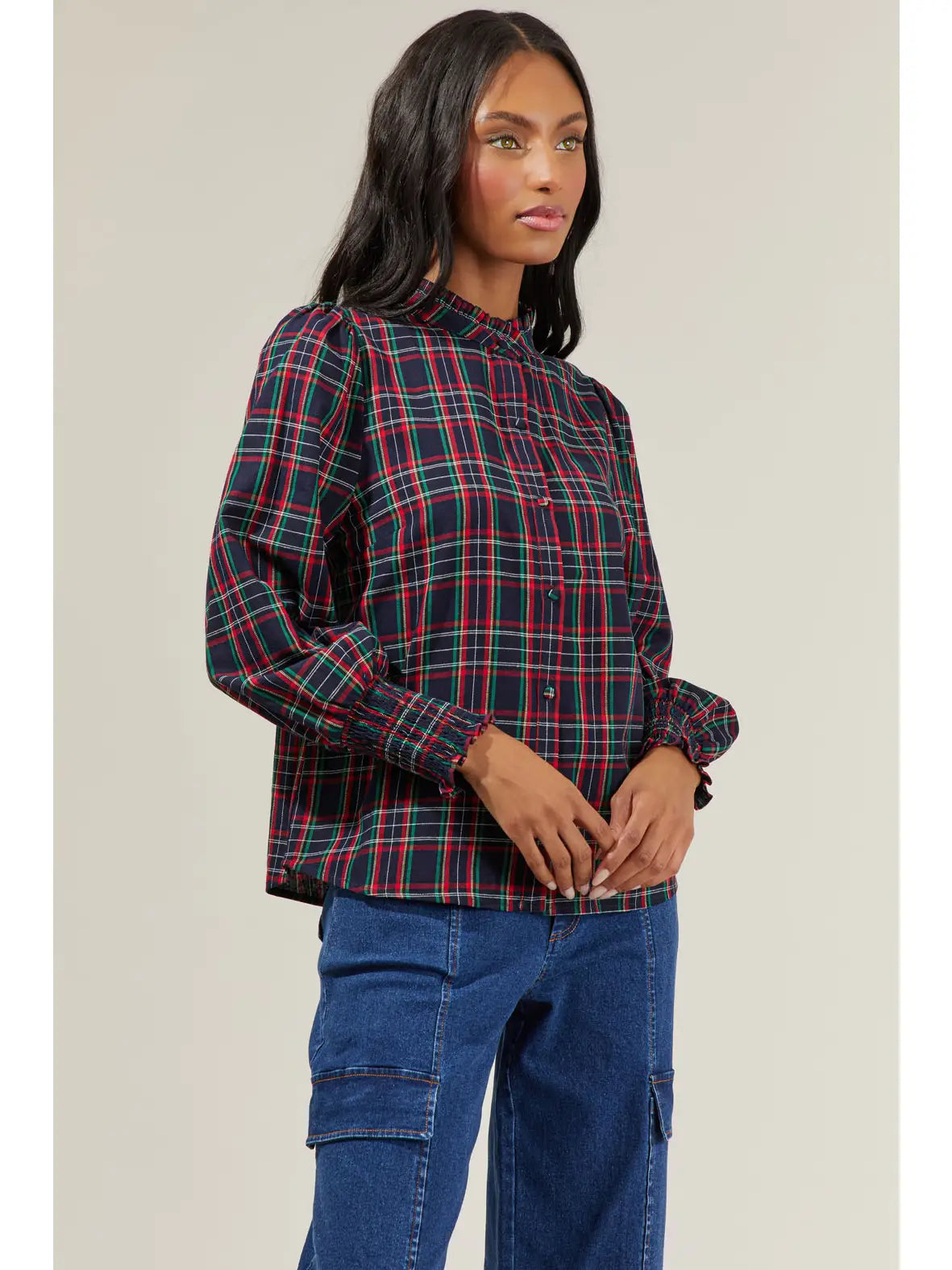 STT17113A Plaid Button Down Top Navy