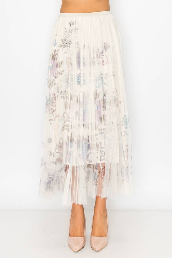 Chic Lined Pleated Tulle Midi Skirt With Elastic Waist - 4034 BG/EMBO FL