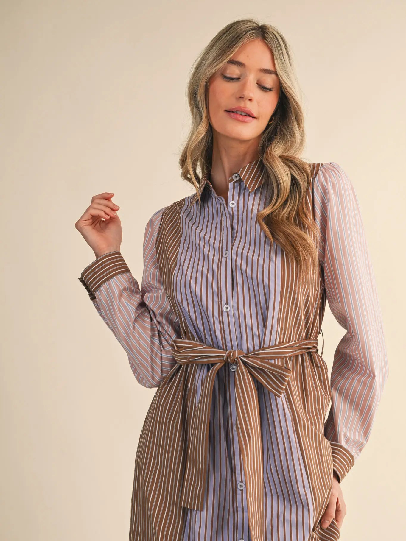 MDR4303 Stripe Belted Button Down Dress
