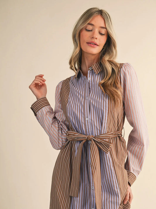 MDR4303 Stripe Belted Button Down Dress