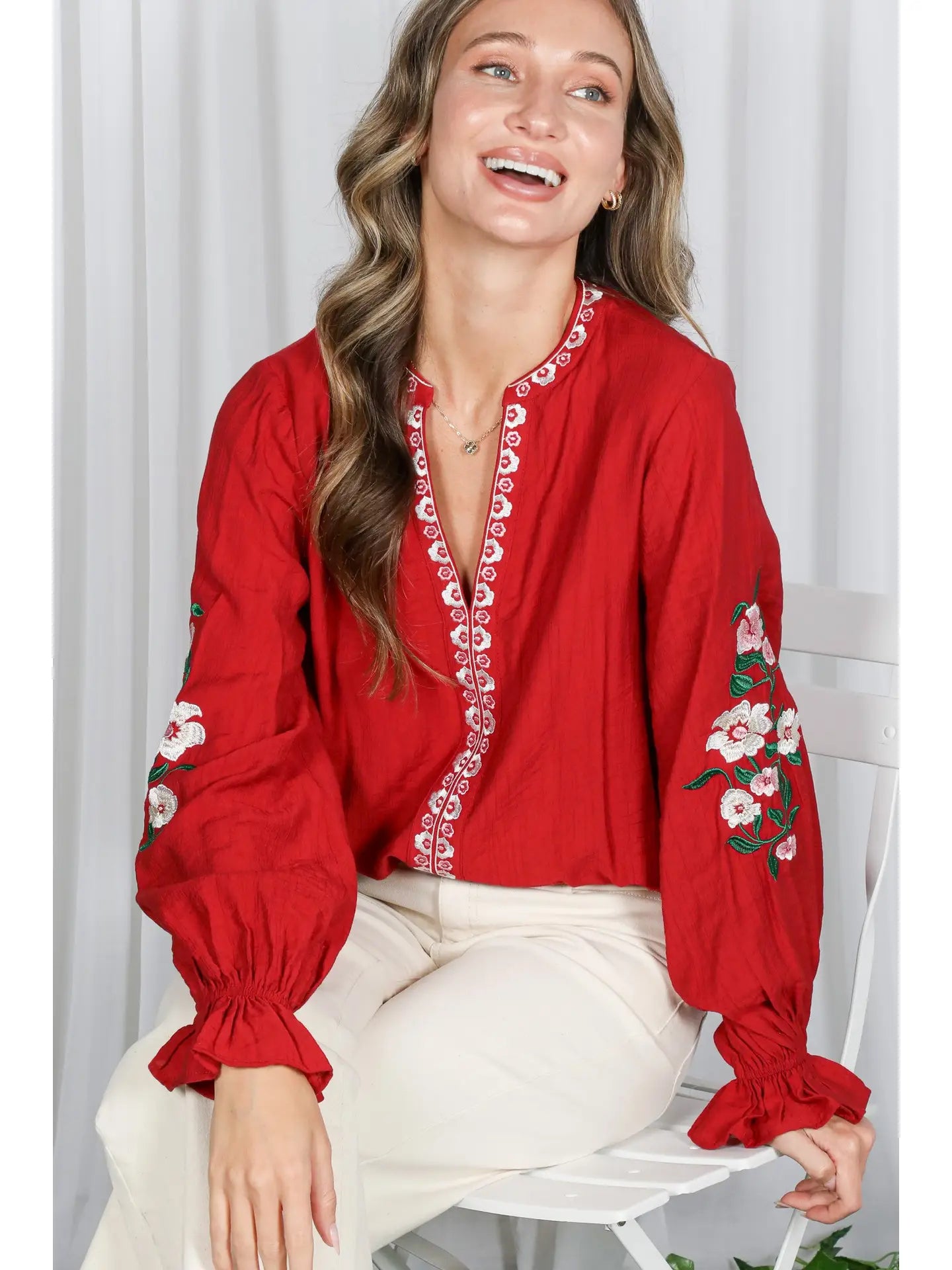 VT82505A Floral Embroidered Bohemian Top