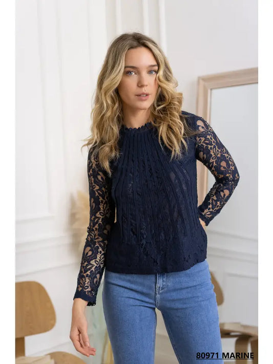 80971 Tiffany Striped Lace Blouse Navy