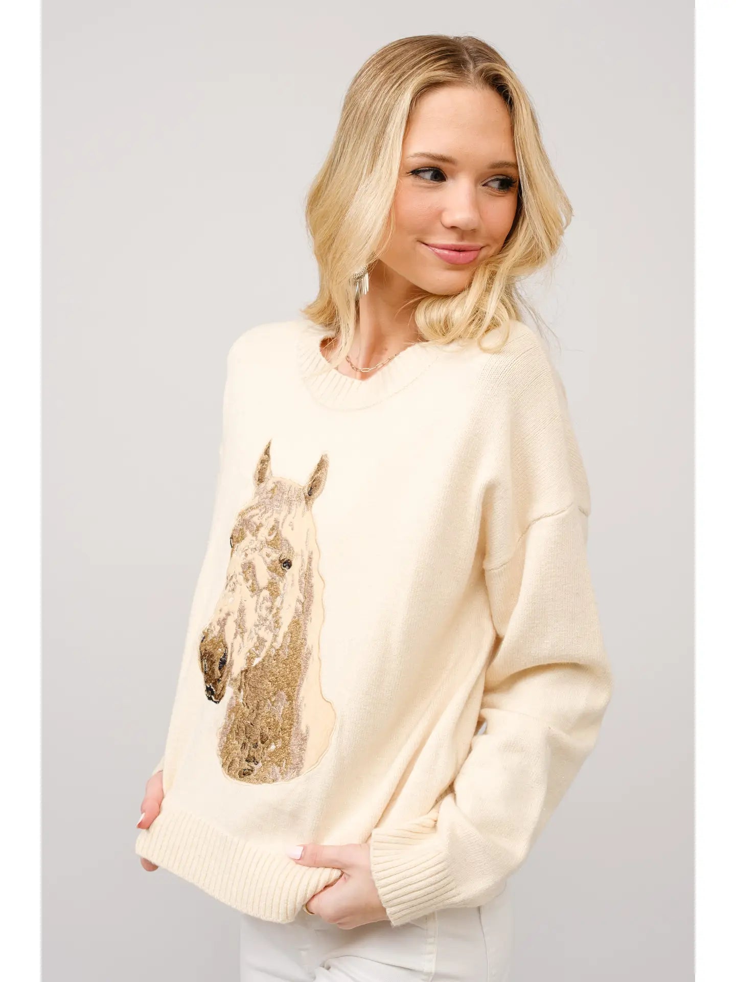 Embroidered Horse Crew Neck Sweater