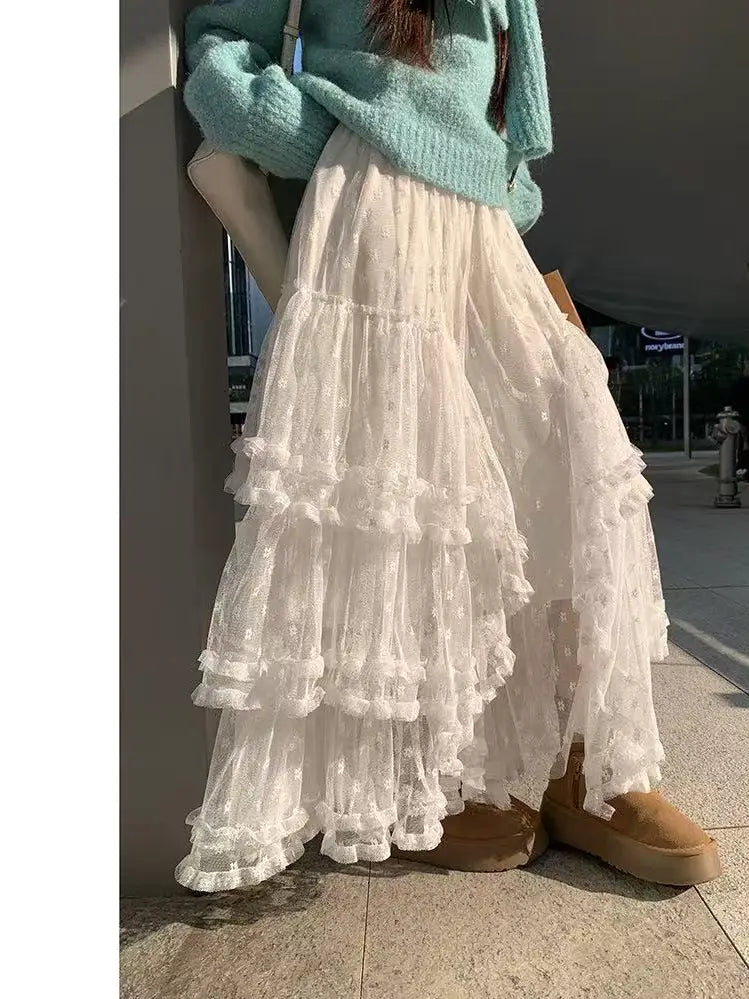Lace Ruffle Mesh Maxi Skirt