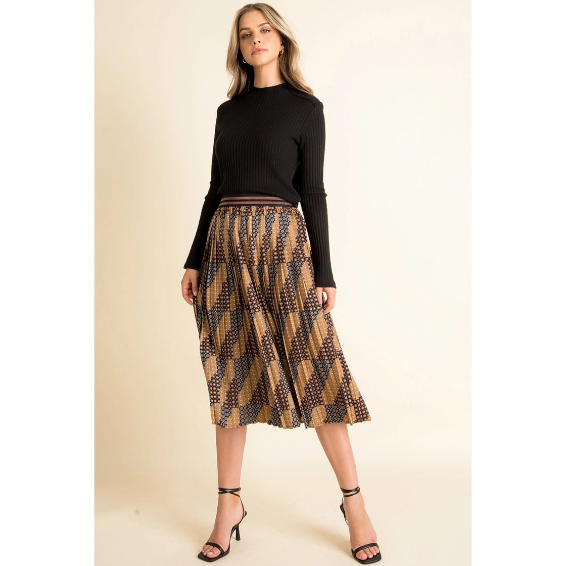 Black Flower Print Pleated Midi Skirt