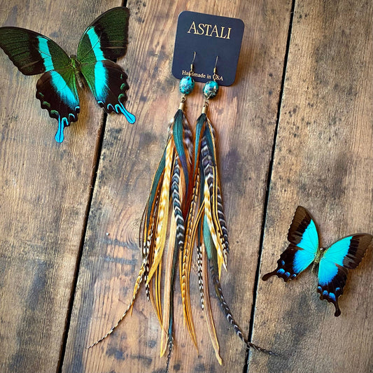Turquoise & Long Feather Earrings - Cree Mix, Boho Western
